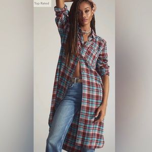 New Anthropologie Pilcro Plaid shirt dress duster tunic xxs burgundy, turquoise